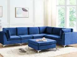 Left Hand 6 Seater Modular Velvet Corner Sofa With Ottoman Blue Evja