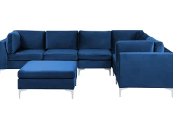 Left Hand 6 Seater Modular Velvet Corner Sofa With Ottoman Blue Evja