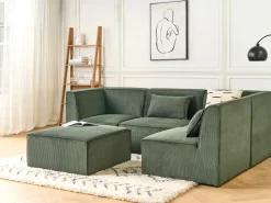 Left Hand 4 Seater Modular Jumbo Cord Corner Sofa With Ottoman Dark Green Lemvig