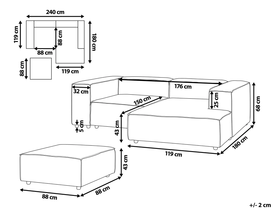Left Hand 2 Seater Modular Linen Corner Sofa With Ottoman Beige Aprica