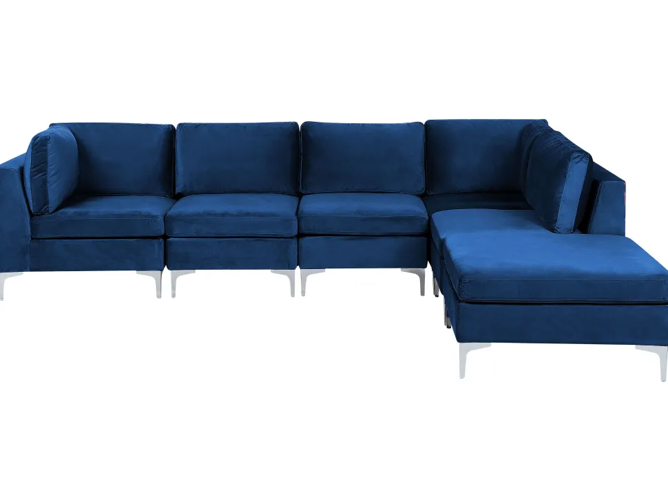 Left Hand 5 Seater Modular Velvet Corner Sofa With Ottoman Blue Evja