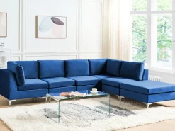 Left Hand 5 Seater Modular Velvet Corner Sofa With Ottoman Blue Evja