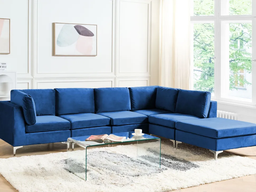 Left Hand 5 Seater Modular Velvet Corner Sofa With Ottoman Blue Evja