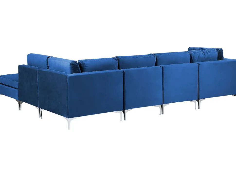 Left Hand 5 Seater Modular Velvet Corner Sofa With Ottoman Blue Evja