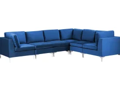 Left Hand 6 Seater Modular Velvet Corner Sofa Blue Evja
