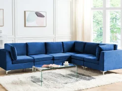 Left Hand 6 Seater Modular Velvet Corner Sofa Blue Evja