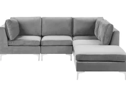 Left Hand 4 Seater Modular Velvet Corner Sofa With Ottoman Grey Evja