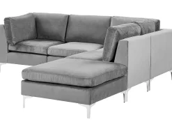 Left Hand 4 Seater Modular Velvet Corner Sofa With Ottoman Grey Evja