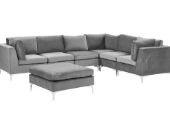 Left Hand 6 Seater Modular Velvet Corner Sofa With Ottoman Grey Evja