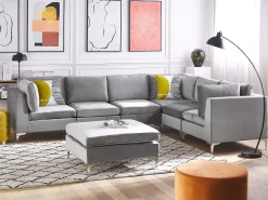Left Hand 6 Seater Modular Velvet Corner Sofa With Ottoman Grey Evja