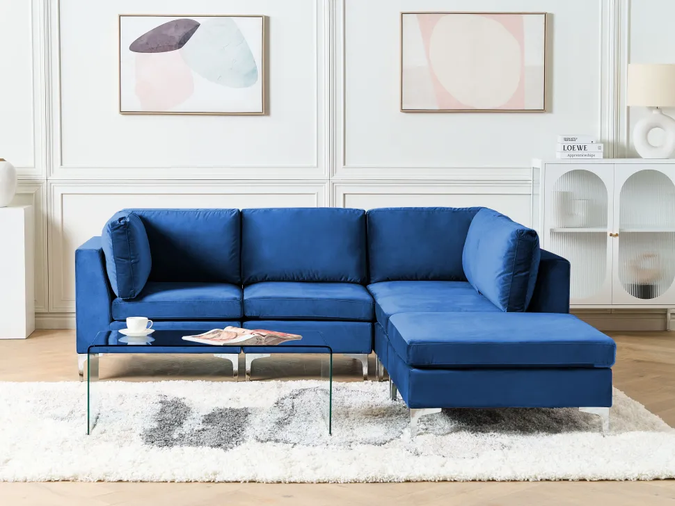 Left Hand 4 Seater Modular Velvet Corner Sofa With Ottoman Blue Evja