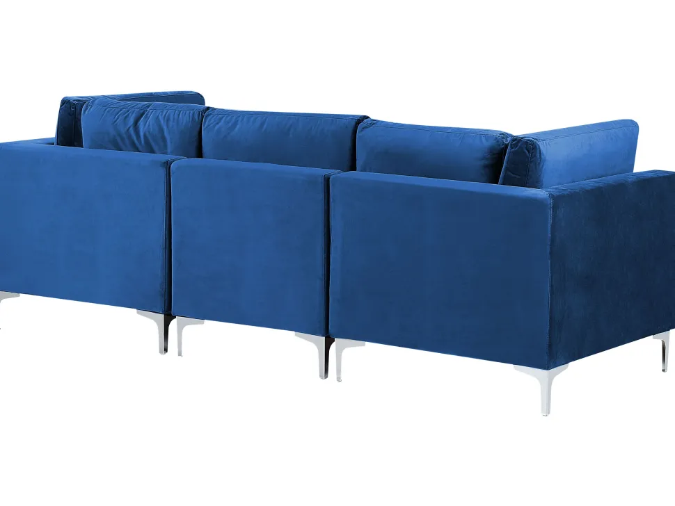 Left Hand 4 Seater Modular Velvet Corner Sofa With Ottoman Blue Evja