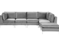 Left Hand 5 Seater Modular Velvet Corner Sofa With Ottoman Grey Evja
