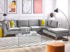 Left Hand 5 Seater Modular Velvet Corner Sofa With Ottoman Grey Evja