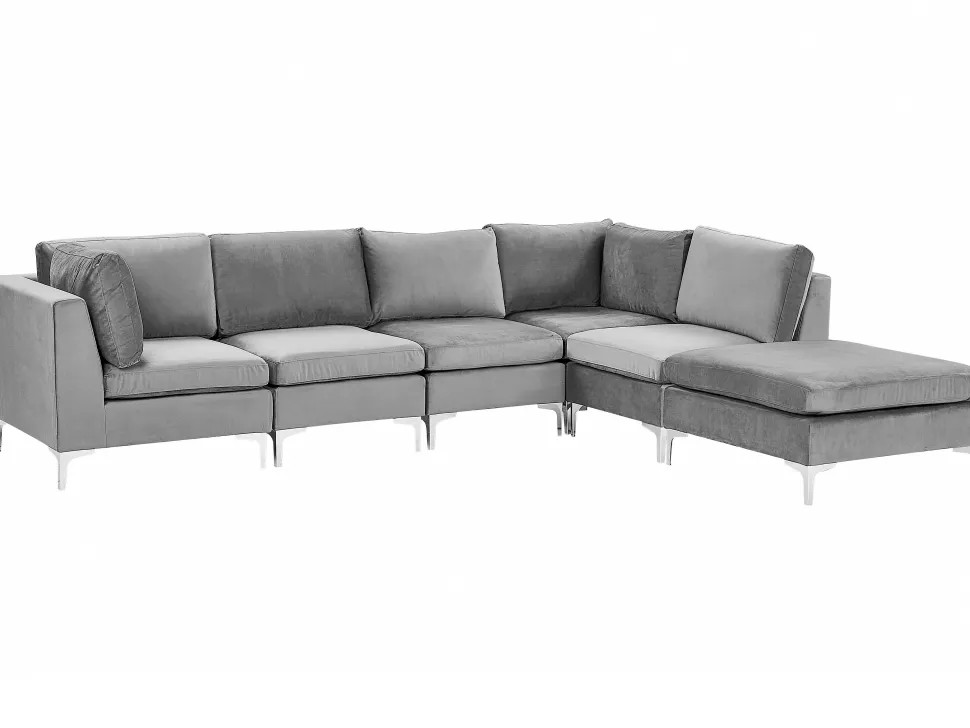 Left Hand 5 Seater Modular Velvet Corner Sofa With Ottoman Grey Evja