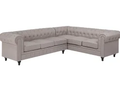 Left Hand Fabric Corner Sofa Beige Chesterfield