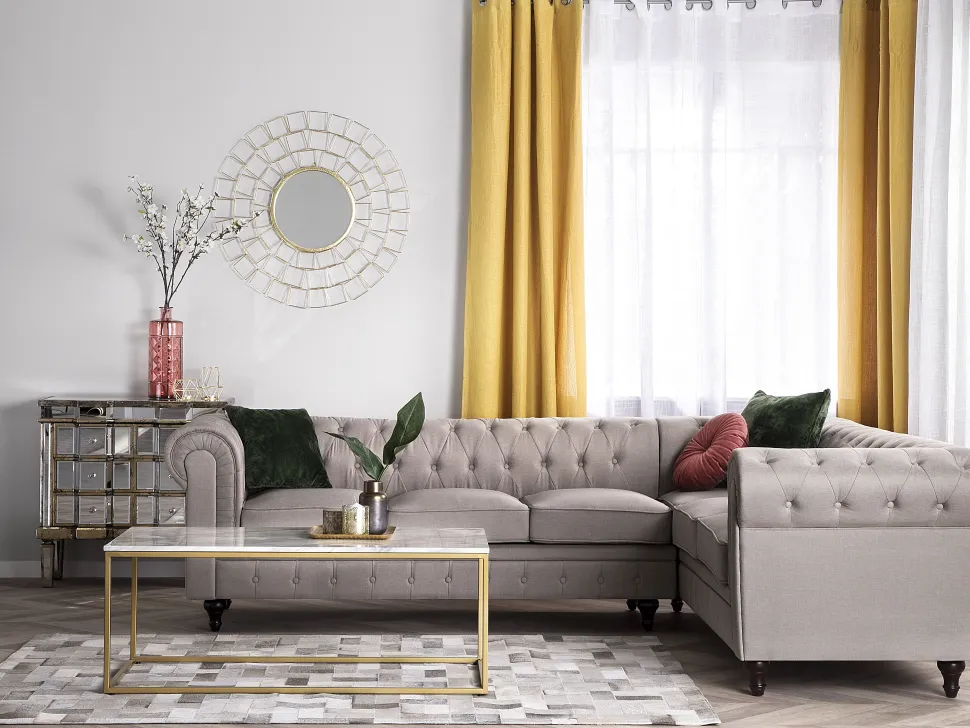 Left Hand Fabric Corner Sofa Beige Chesterfield