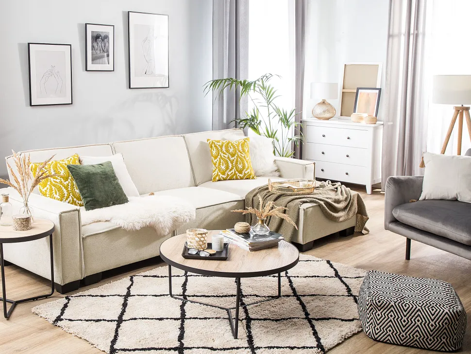 Left Hand Fabric Corner Sofa Bed Beige Romedal