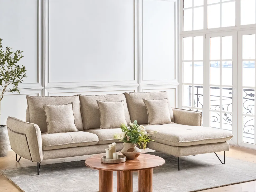 Left Hand Fabric Corner Sofa Beige Sersan