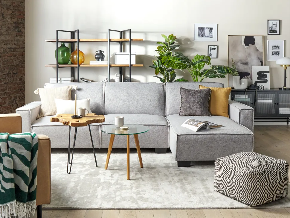 Left Hand Fabric Corner Sofa Bed Light Grey Romedal