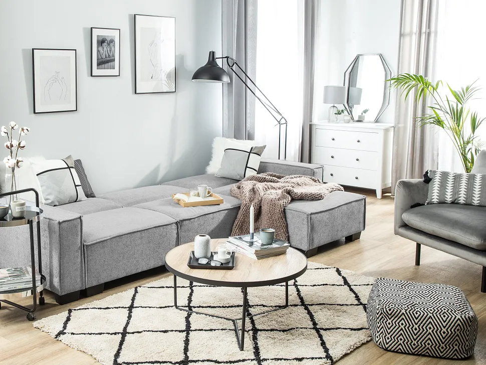 Left Hand Fabric Corner Sofa Bed Light Grey Romedal