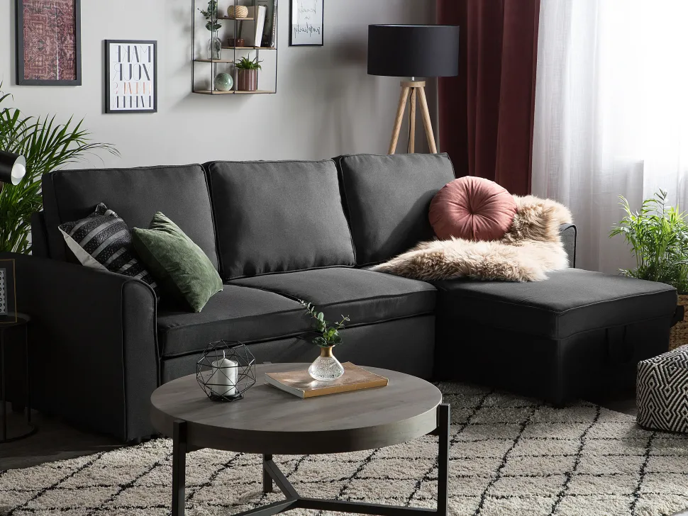 Left Hand Fabric Corner Sofa Bed With Storage Black Nesna