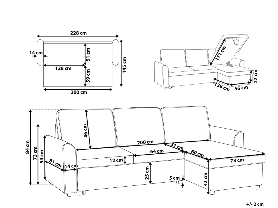 Left Hand Fabric Corner Sofa Bed With Storage Black Nesna