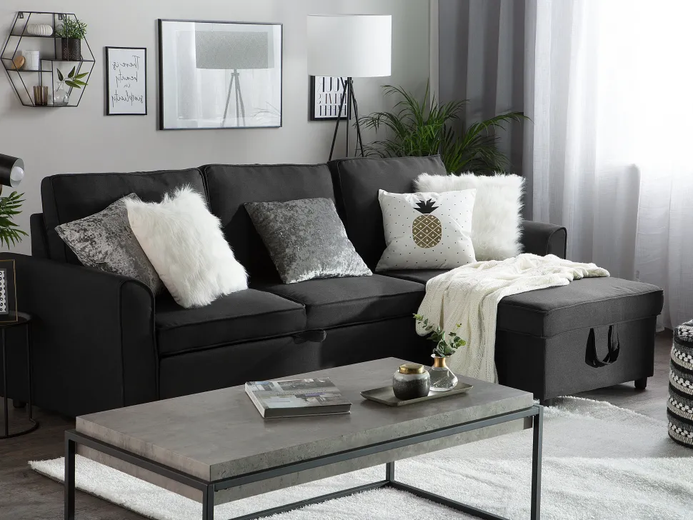 Left Hand Fabric Corner Sofa Bed With Storage Black Nesna