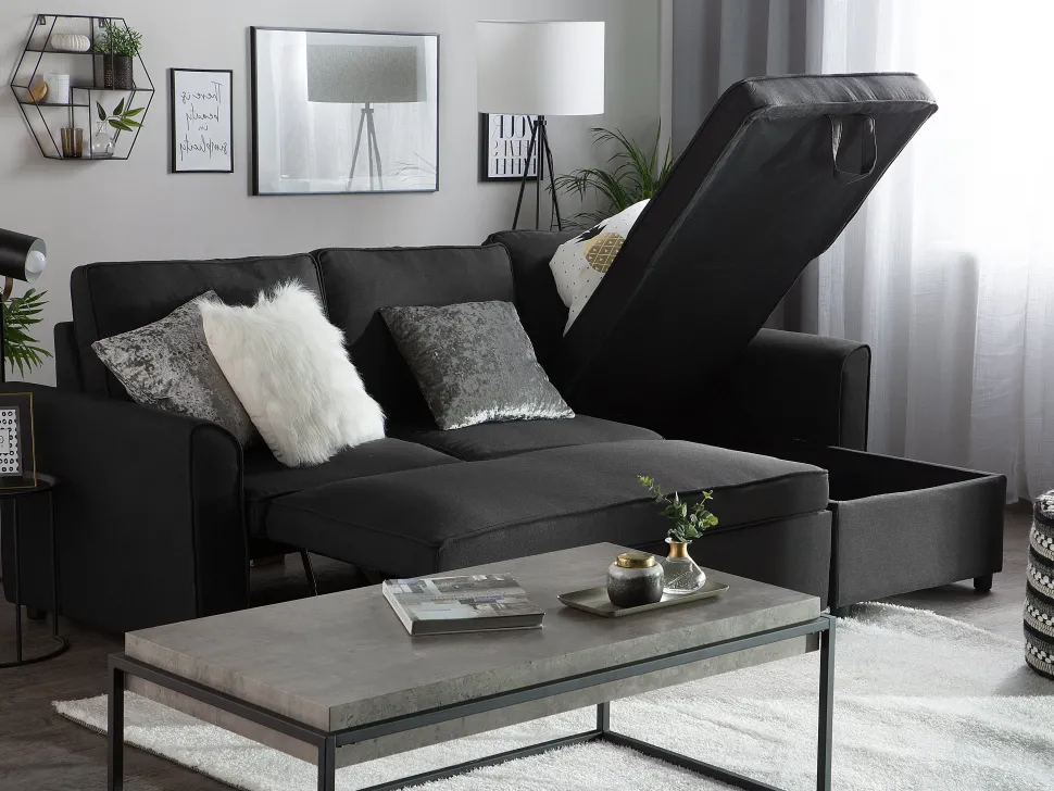 Left Hand Fabric Corner Sofa Bed With Storage Black Nesna