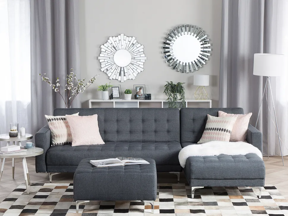 Left Hand Fabric Corner Sofa With Ottoman Dark Grey Aberdeen