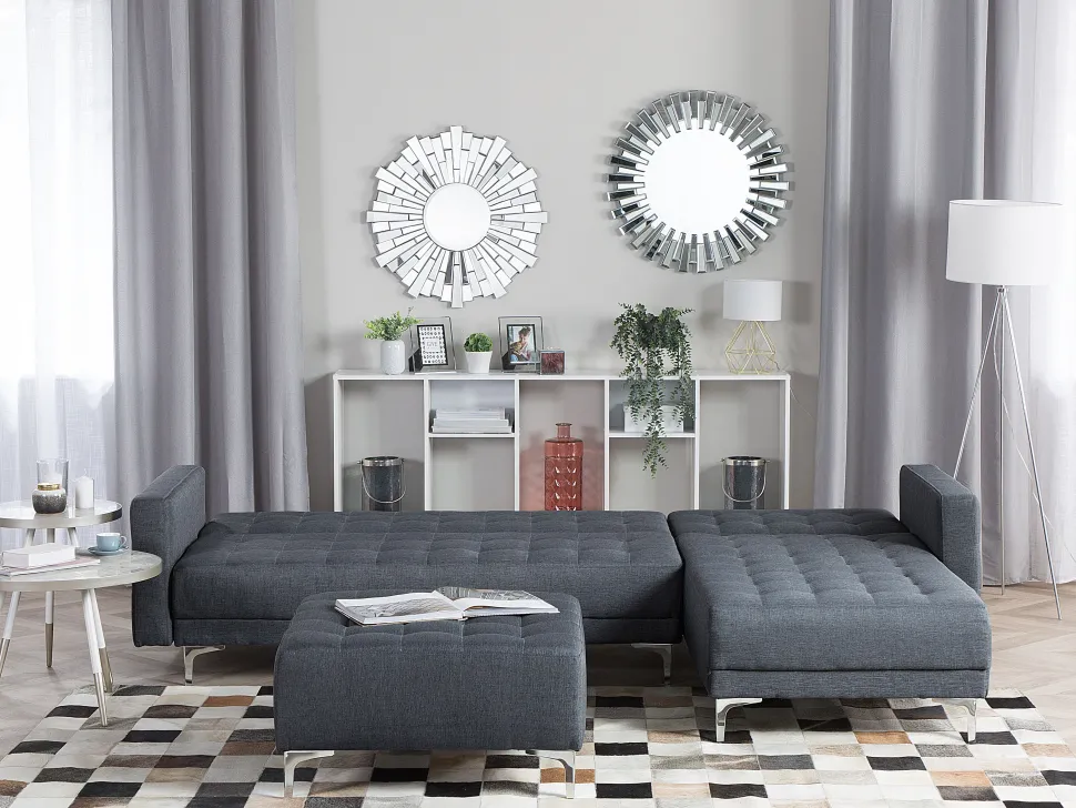 Left Hand Fabric Corner Sofa With Ottoman Dark Grey Aberdeen