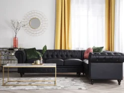 Left Hand Faux Leather Corner Sofa Black Chesterfield