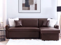 Left Hand Faux Leather Corner Sofa Bed With Storage Dark Brown Ogna