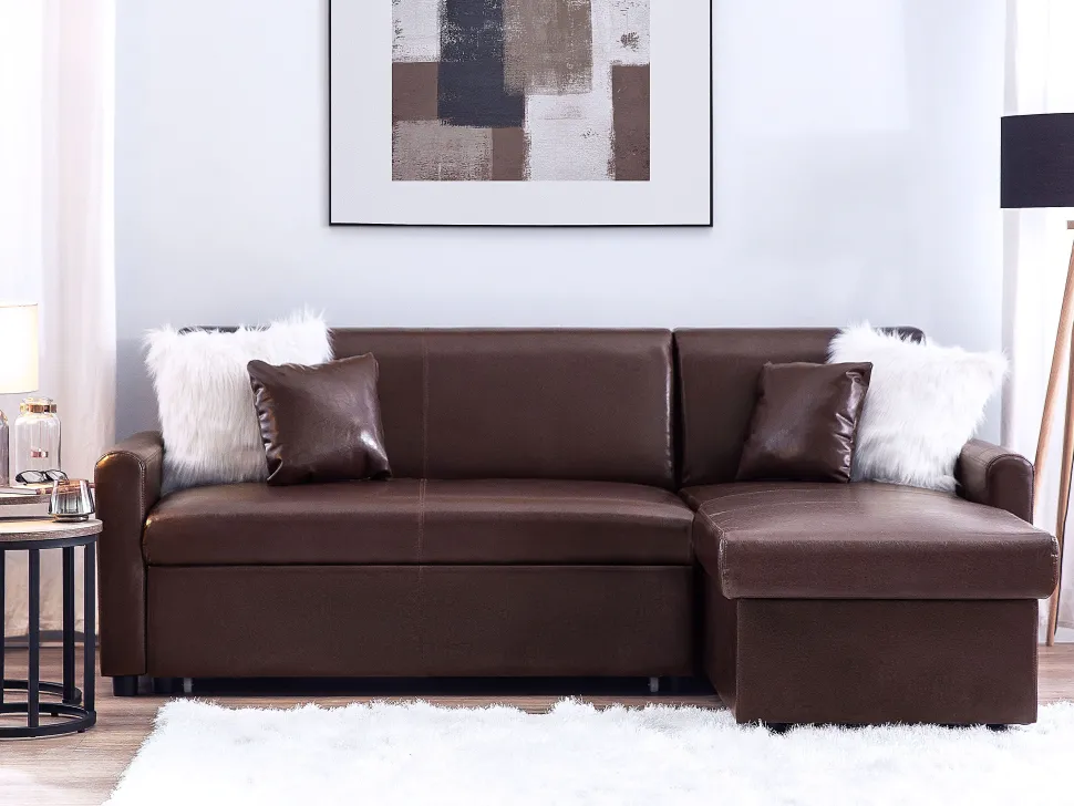 Left Hand Faux Leather Corner Sofa Bed With Storage Dark Brown Ogna