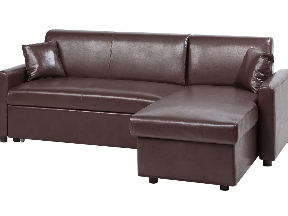 Left Hand Faux Leather Corner Sofa Bed With Storage Dark Brown Ogna
