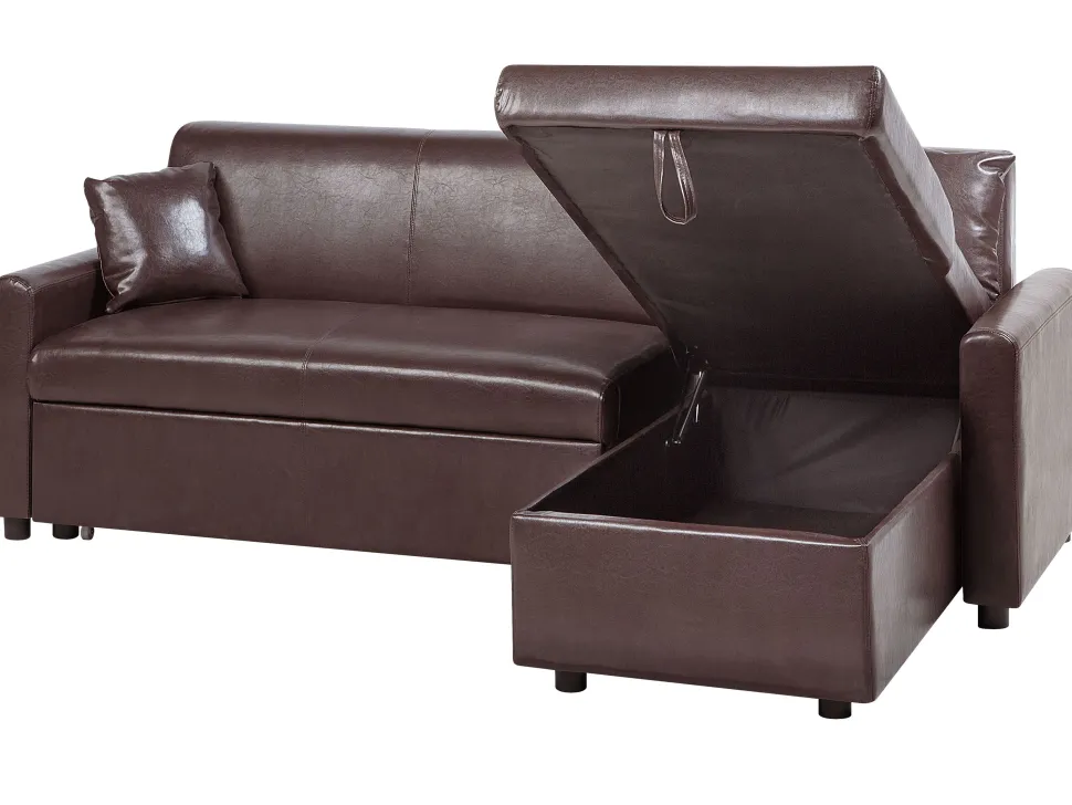 Left Hand Faux Leather Corner Sofa Bed With Storage Dark Brown Ogna