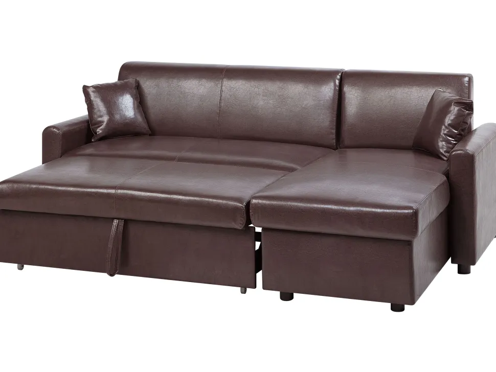 Left Hand Faux Leather Corner Sofa Bed With Storage Dark Brown Ogna