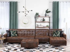 Left Hand Modular Faux Leather Sofa With Ottoman Brown Aberdeen