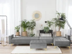 Left Hand Modular Velvet Sofa With Ottoman Grey Aberdeen