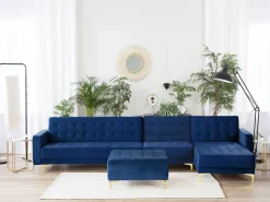 Left Hand Modular Velvet Sofa With Ottoman Navy Blue Aberdeen