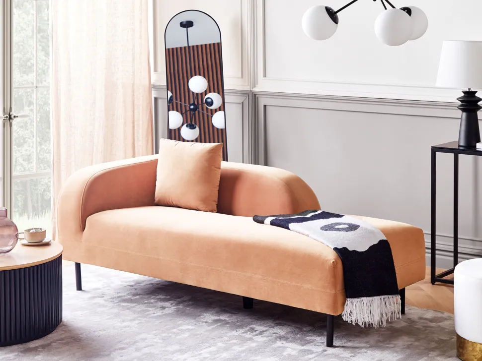 Left Hand Velvet Chaise Lounge Peach Pink Le Crau