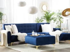 Left Hand Velvet Corner Sofa With Ottoman Navy Blue Aberdeen