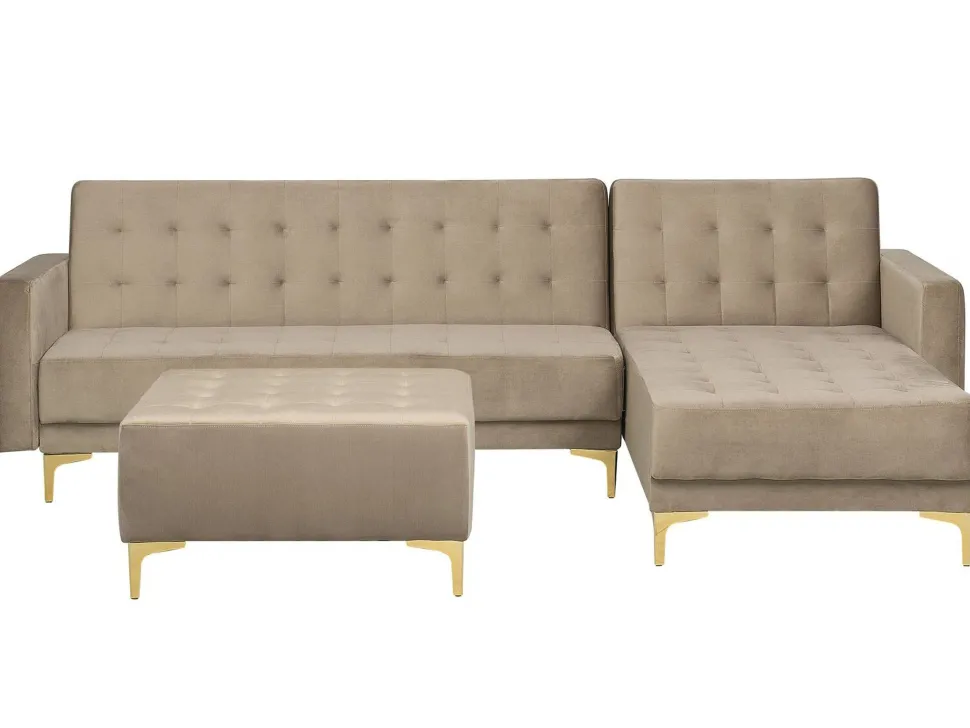 Left Hand Velvet Corner Sofa With Ottoman Sand Beige Aberdeen