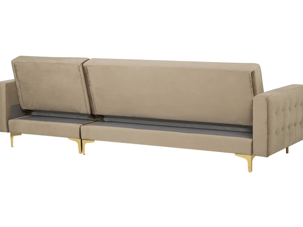 Left Hand Velvet Corner Sofa With Ottoman Sand Beige Aberdeen