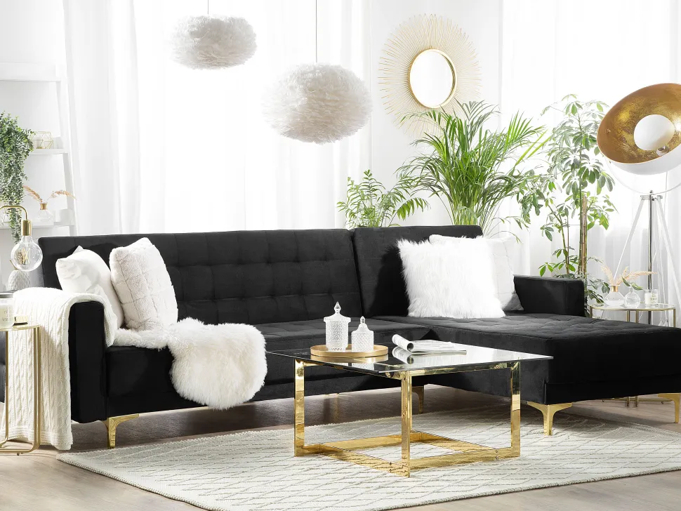 Left Hand Velvet Corner Sofa Black Aberdeen