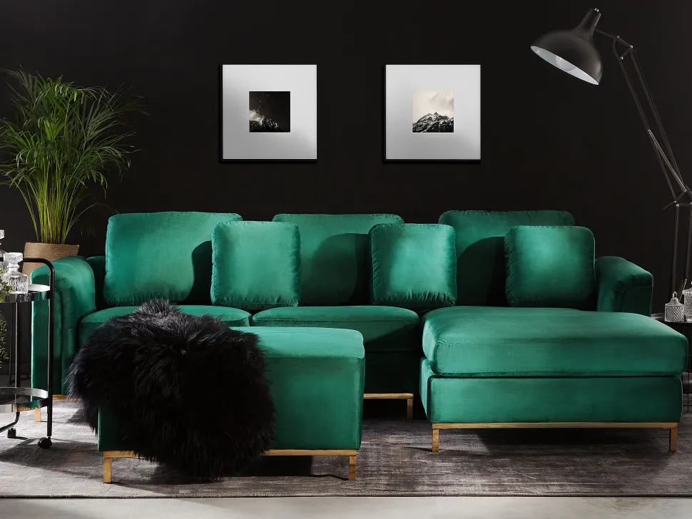 Left Hand Velvet Corner Sofa With Ottoman Emerald Green Oslo