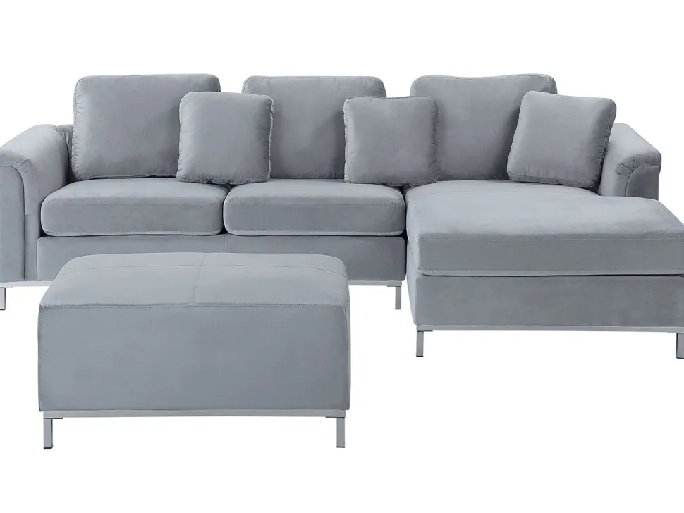 Left Hand Velvet Corner Sofa With Ottoman Light Grey Oslo