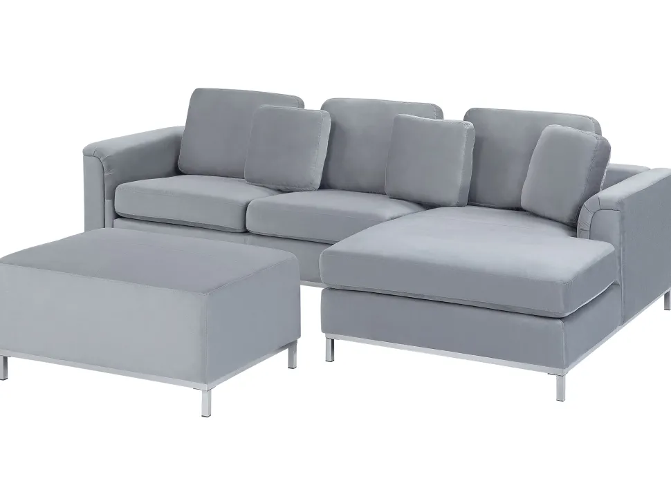 Left Hand Velvet Corner Sofa With Ottoman Light Grey Oslo