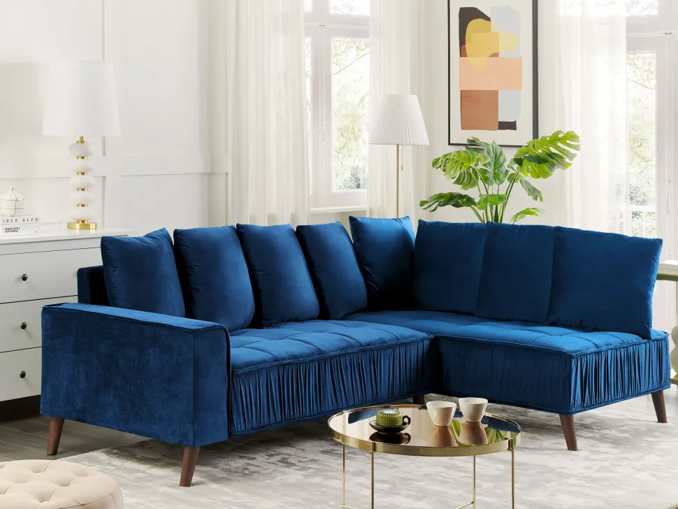 Left Hand Velvet Corner Sofa Blue Grena