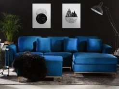 Left Hand Velvet Corner Sofa With Ottoman Navy Blue Oslo